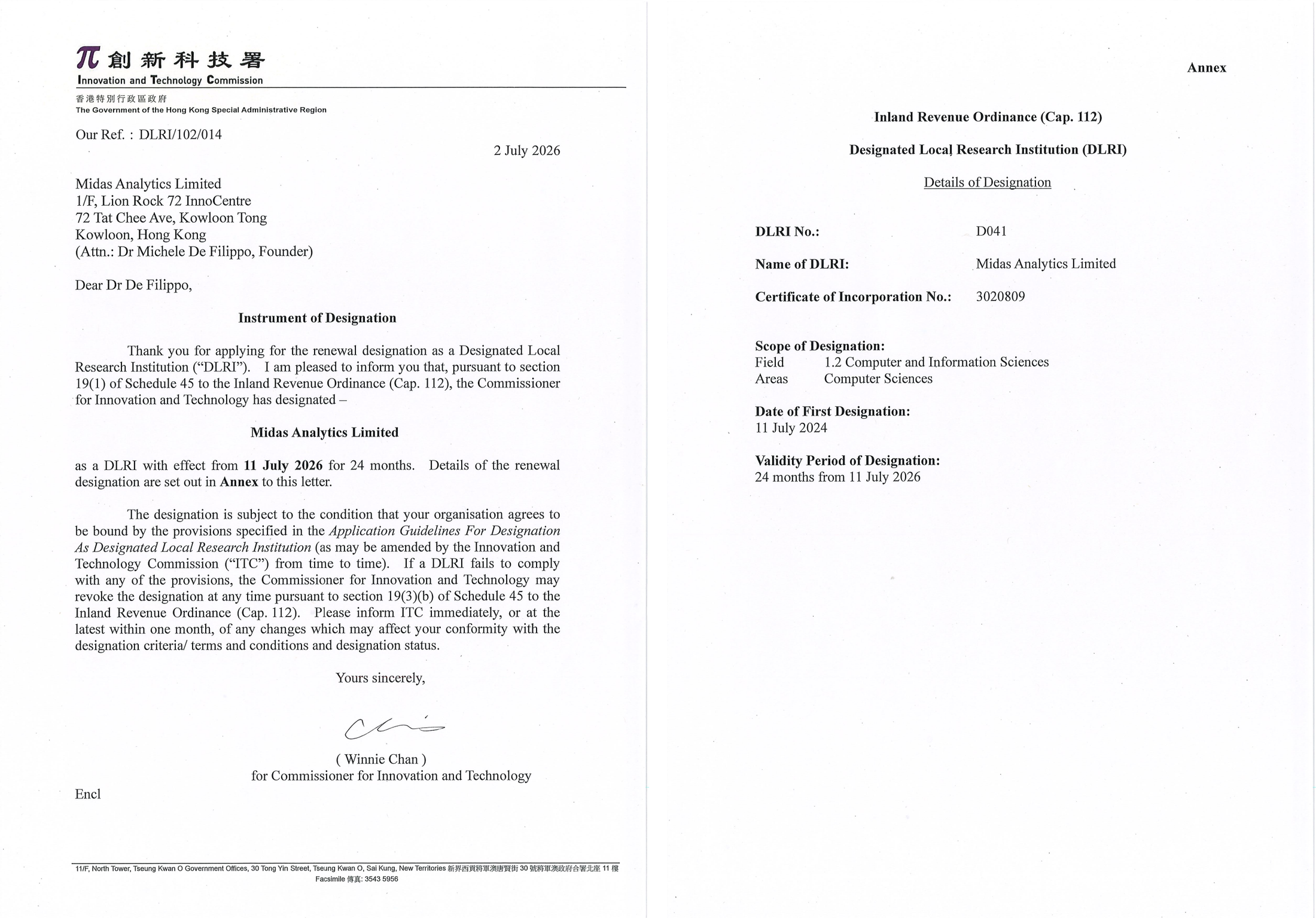 DLRI Instrument of Designation — Midas Analytics, No. D041